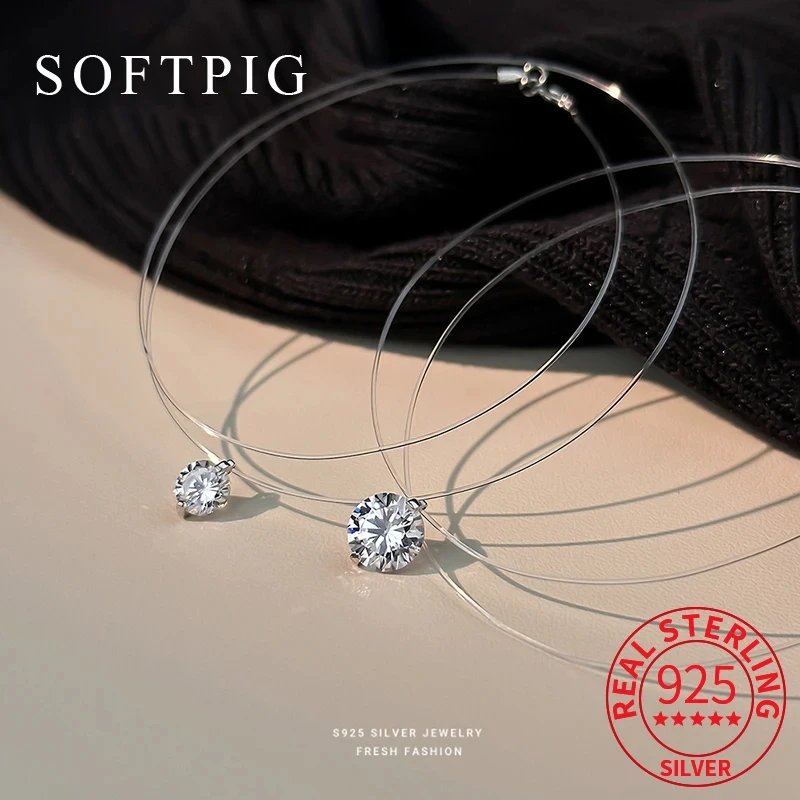 

SOFTPIG Real 925 Sterling Silver 6/8mm Moissanite/Zircon Pendant Choker Necklace for Women OL Fine Jewelry Light Luxury Gift