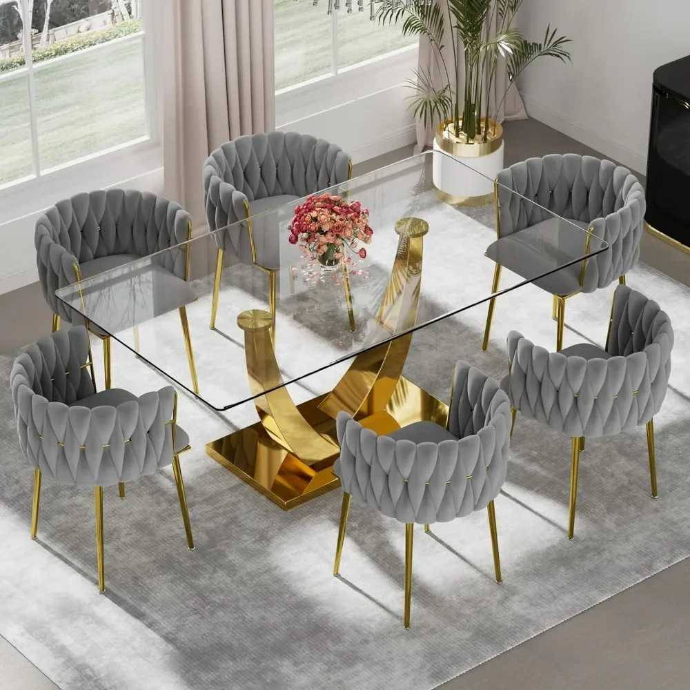 

Modern Gold Luxury Dining Table Set for 6, 71'' Clear Glass Top Kitchen Table Set, 7 Pcs Dinner Room Set with Woven Chairs