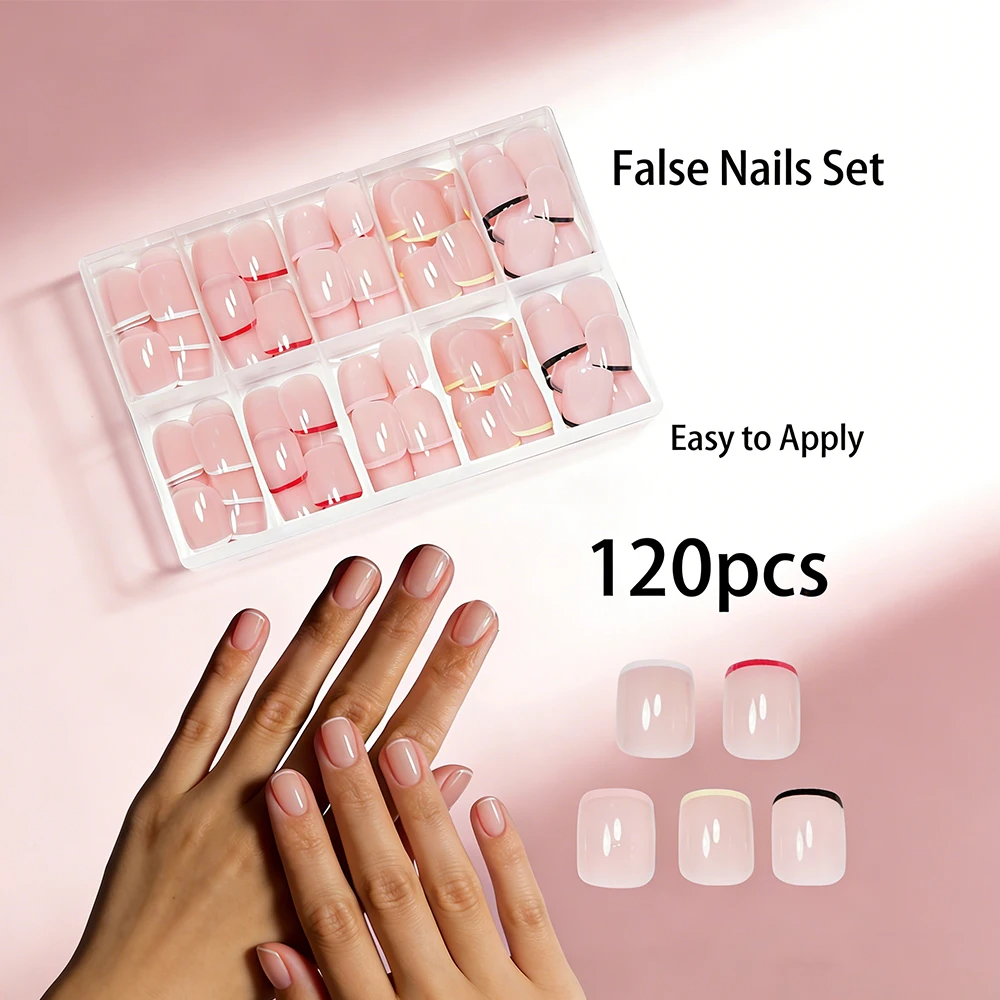 

120Pcs Short Square Nails for Nail Salon, White, Black, Pink, Yellow, Rose Red, French Style Fake Nails, Nude Pink Base, Elegant Press-On Nails Suitable for Women, for Dating, Daily Wear, Mother's Day Gift, Removable Press-On Nail Set with Jelly Adhesive 