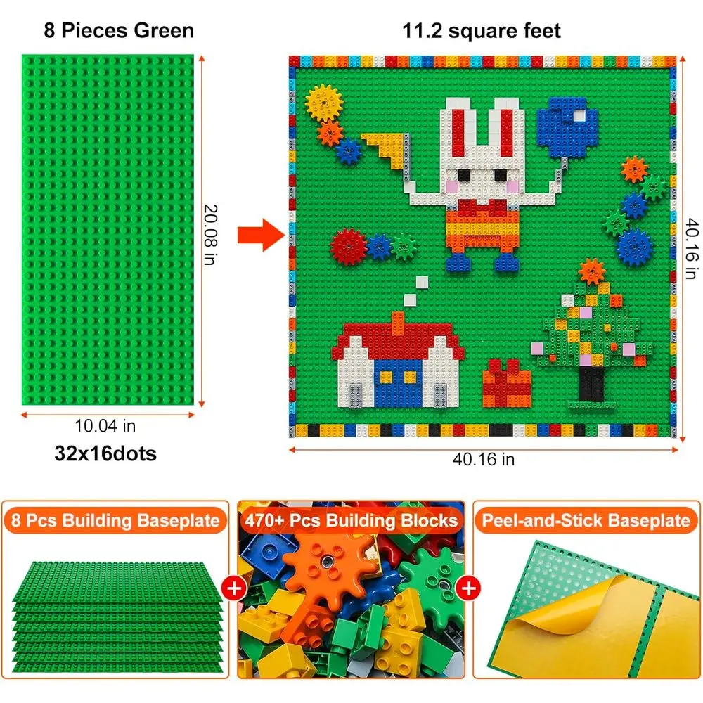 Customizable 470+ Piece Building Block Set with 8 Self-Stick Baseplates for Green Art Table Play