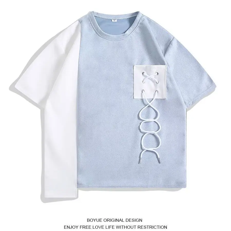 Irregular Splicing Contrasting Color Short-sleeved T-shirt for Men Summer Drawstrings Handsome Couple Casual Five-point Sleeves