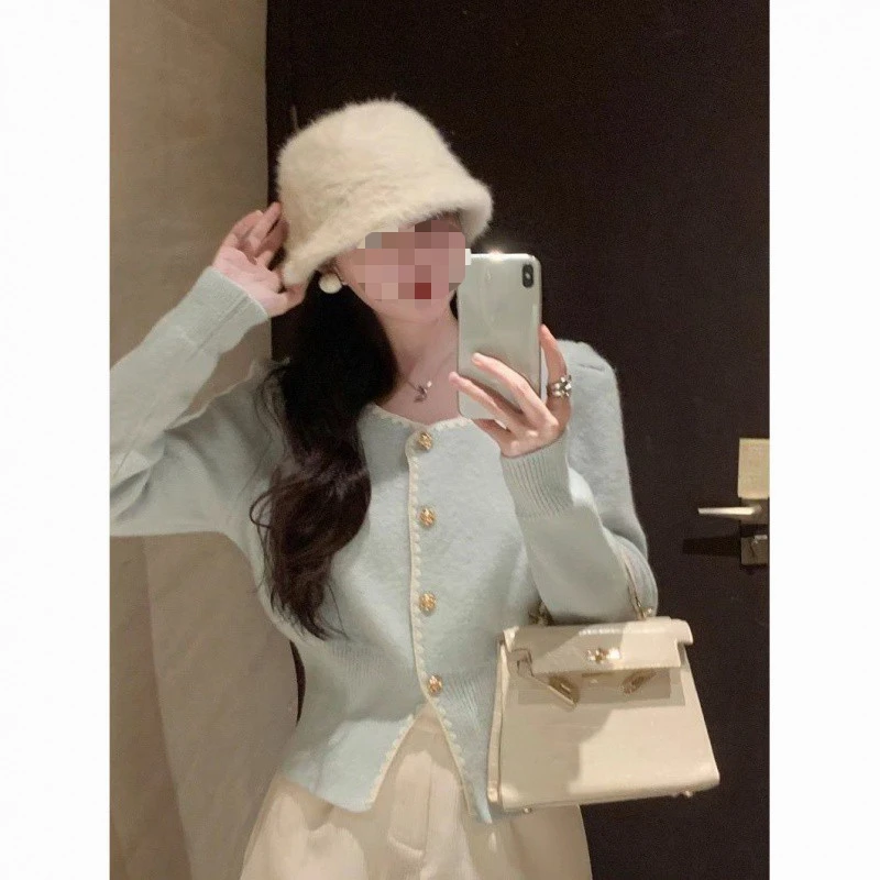 

Small Fragrant Style Gentle Style Square Neck Knitted Shirt for Women Autumn Winter New Specialty Cardigan Sweater Base Shirt