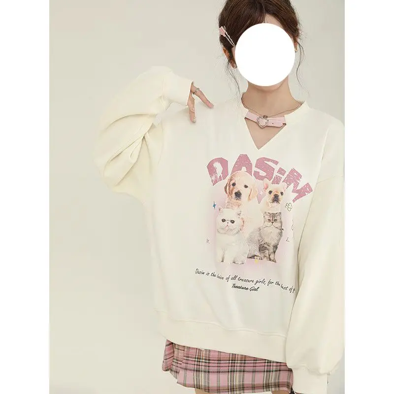 College Style Sweet Printed Long Sleeved Fleece Hoodie for Women New and Unique Design Sense Niche Loose Top