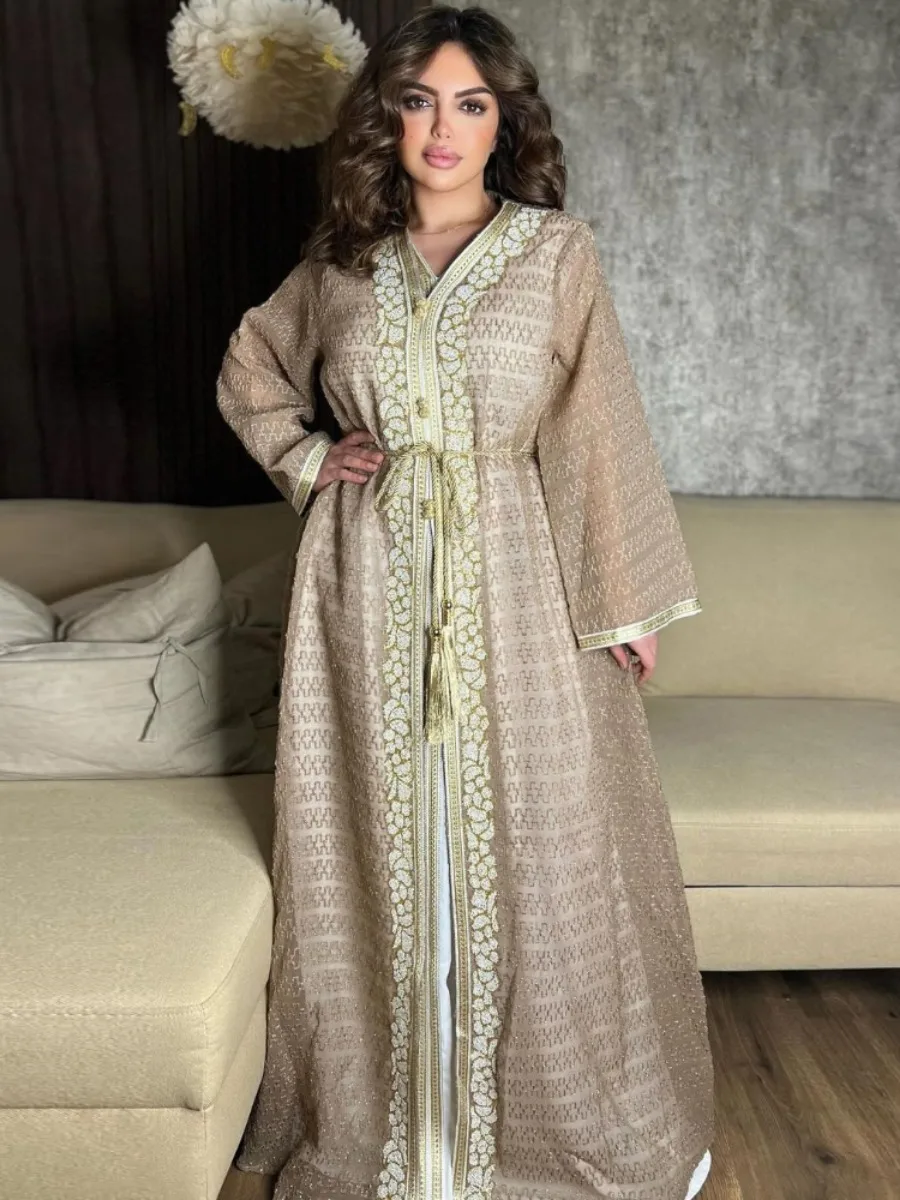 Eid Muslim Abaya Dress 2 Piece Suits Islamic Lace Up Robe Dubai Saudi Arab Morocco Dresses Jalabiya Two Piece Set Vestidos Party