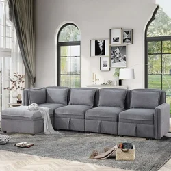 Sofá Modular Seccional de pana, mueble Convertible en L con almacenamiento, 5 asientos, color gris oscuro, para sala de estar