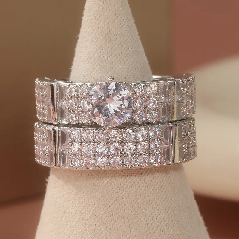 Modische Silberfarbene Ringe mit Weißen CZ-Steinen für Damen, Set für Partys, Alltag und Hochzeiten – Detail 1