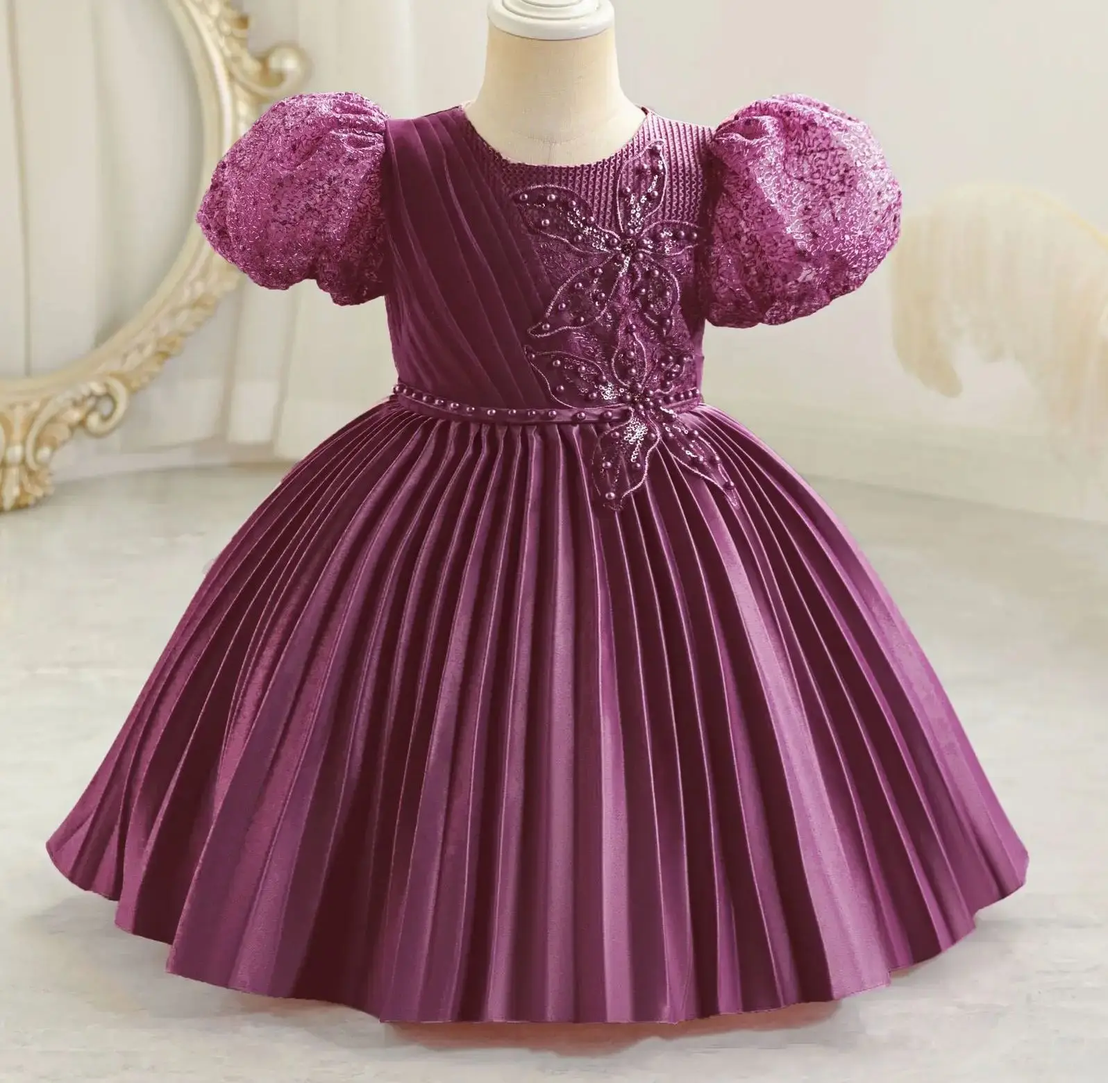 

Плиссированные винтажные вечерние платья для маленьких девочек, детское праздничное платье с пышными рукавами для девочек 0–4 лет