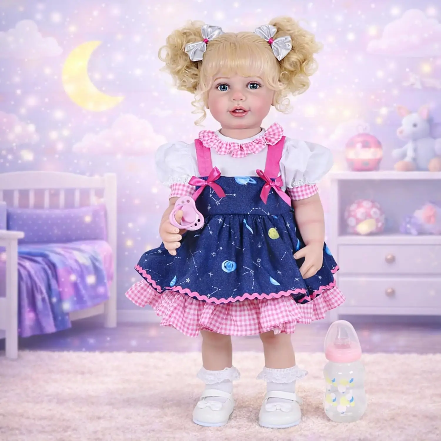 

Galaxia Girl” – 22” Realistic Reborn Toddler Doll with Blonde Curly Hair, Light Skin Tone, Hand-Painted Face