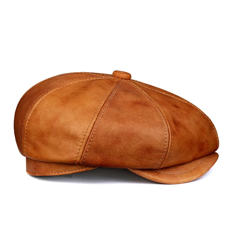 Leather Hat Beret Men Autumn British Retro Cowhide Octagonal Hat Winter Newsboy Painter Cap Coffee Boina Hombre