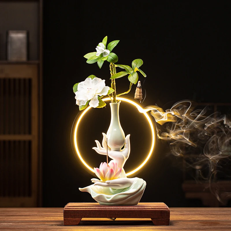 Ceramic Hydroponic Flower Vessel With Zen-Inspired Buddha'S Hand And Design, Home Burner, Lotus Incense Holder, Ho