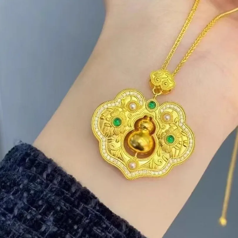 

9999 new Chinese exquisite 24K auspicious cloud rotating hoist pendant point diamond real gold Ruyi pendant weaving necklace