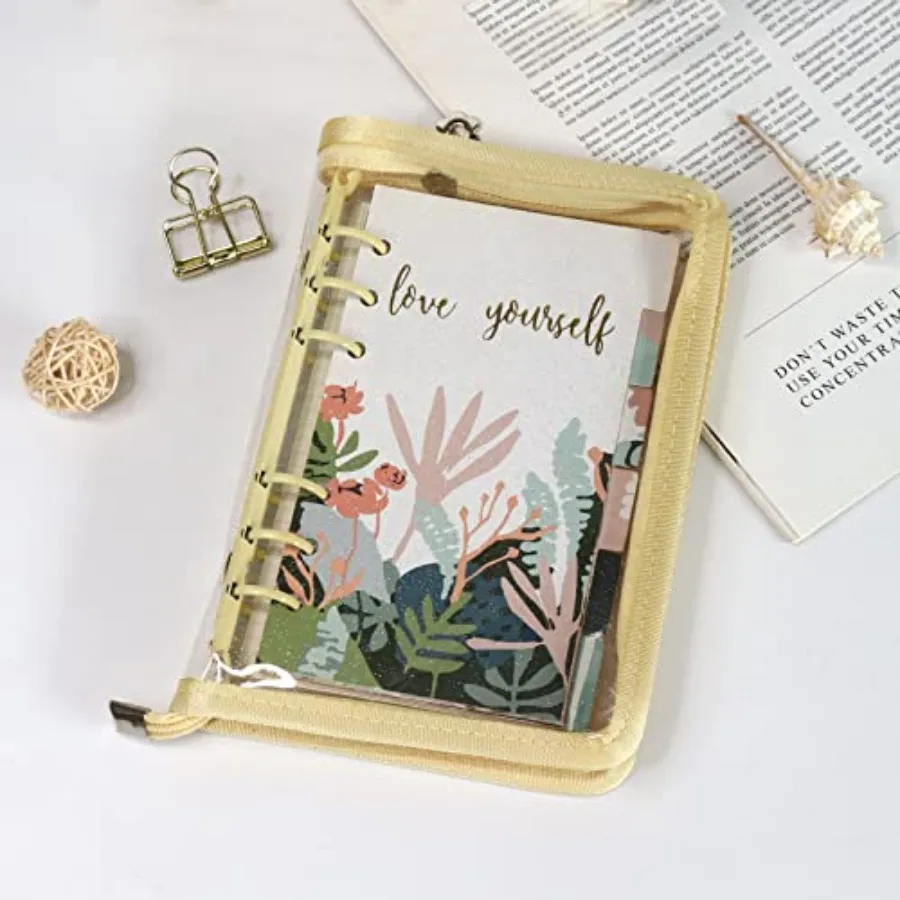 Папка A6, 6-кольцевая обложка для переплета, прозрачный корпус для блокнота из ПВХ с застежкой-молнией, сверкающая бюджетная папка для бюджетной системы, план путешествий