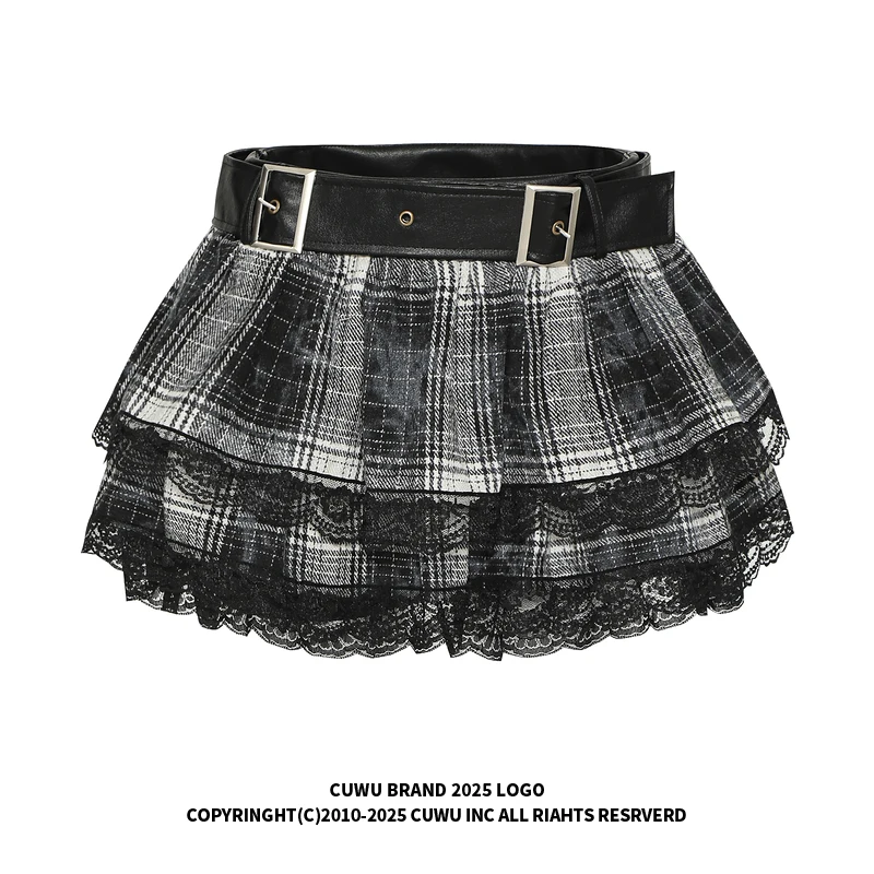 Cuwu Y2K 밀레니엄 펑크 검정과 빨강 격자 무늬 a 라인 미니 스커트 여성용 여름 스트리트 스타일 레이스 하프 길이 스커트