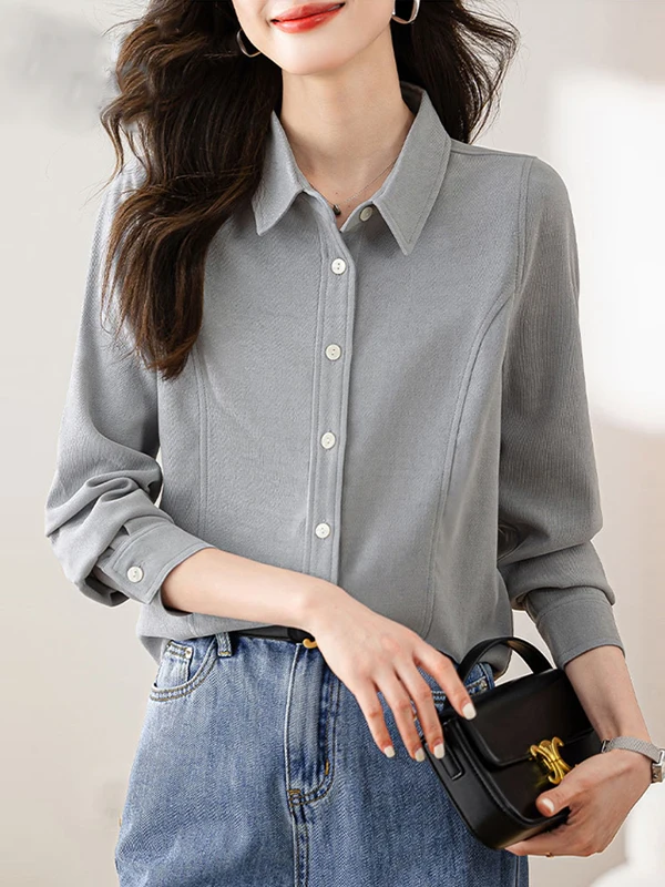 루즈핏 롱 슬리브 여성 봄 신상 싱글 버튼 솔리드 컬러 브루드 폴리에스터 편안하고 통기성 좋은 한국 스타일