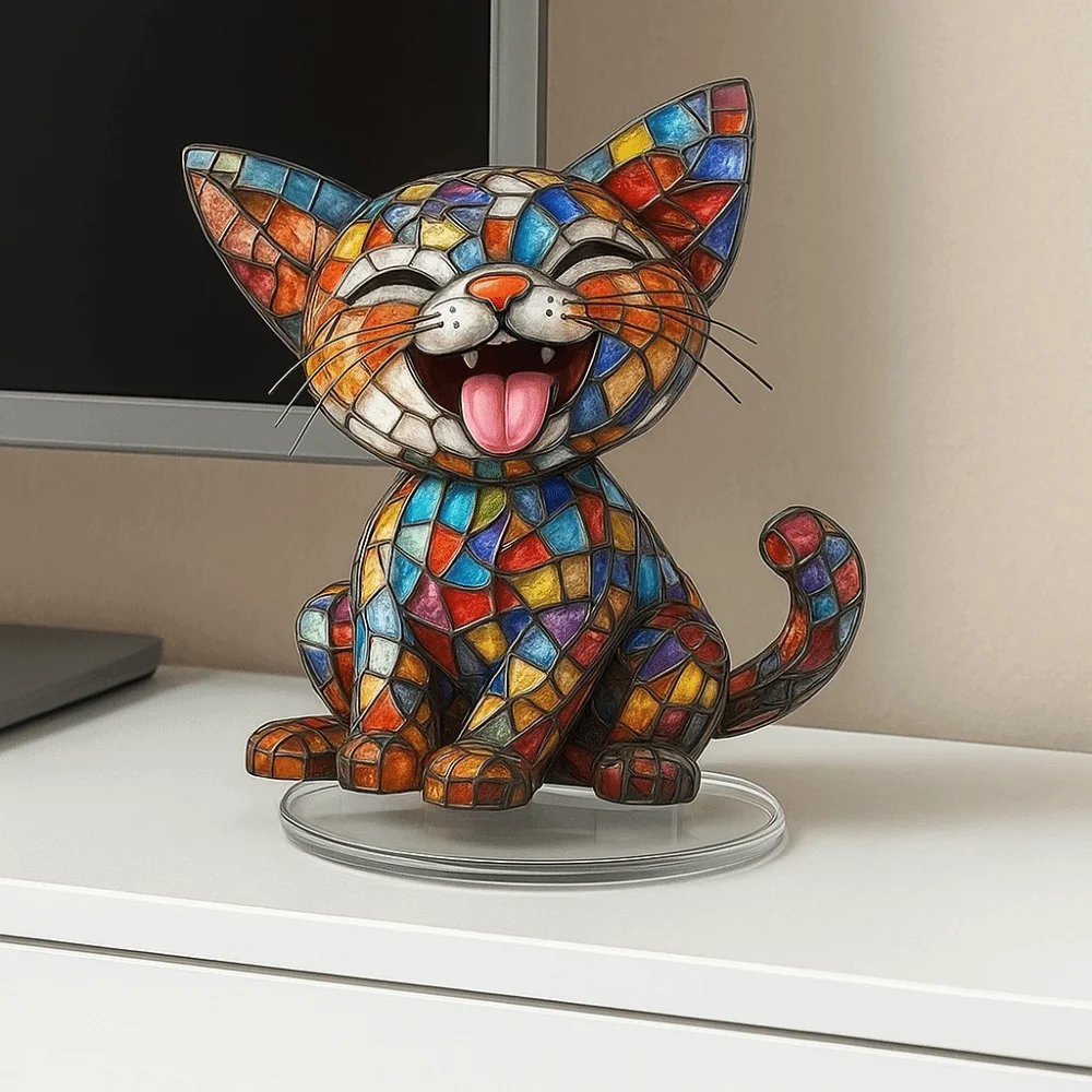 

New Acrylic Cat Statue Animal Cute Home Ornament With Base Desktop Ornament Home Table Seasonal Decor