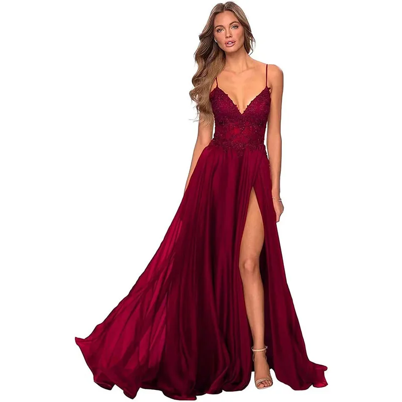 

Women's Lace Appliques Prom Dresses Long V Neck Slit Evening Dress Spaghetti Straps Lace Formal Party Gown manmuxi