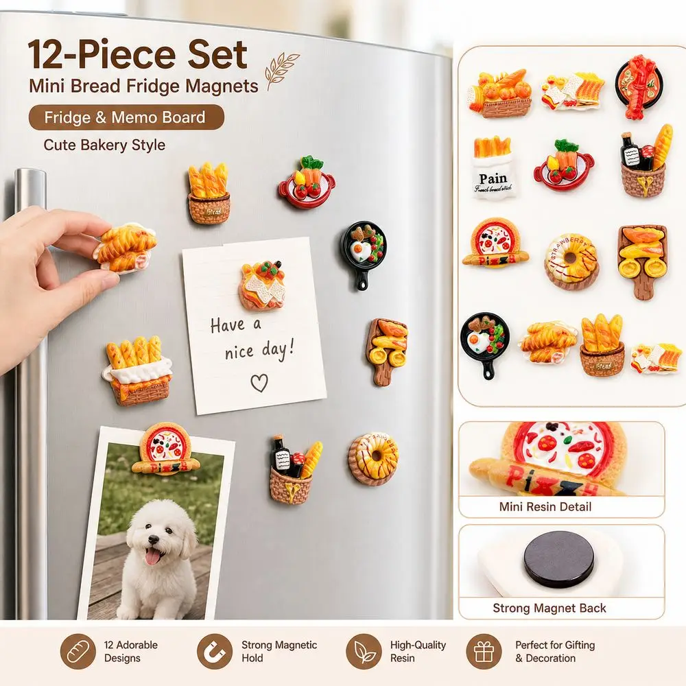 12PCS Resin Bread Fridge Magnets Miniature Food Magnetic Backing Bakery Food Magnets Cute Cartoon Style Realistic Bread