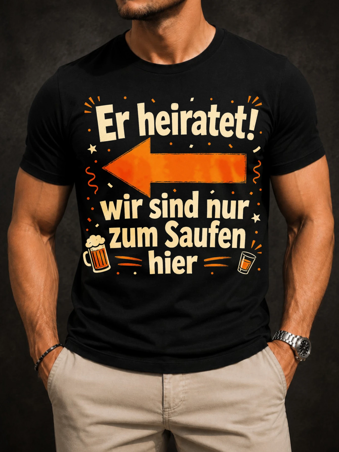 German Wedding Party With Orange Arrow Beer Glass Icons Confetti And Wir Sind Nur Zum Saufen Hier  Unisex All T-Shirt