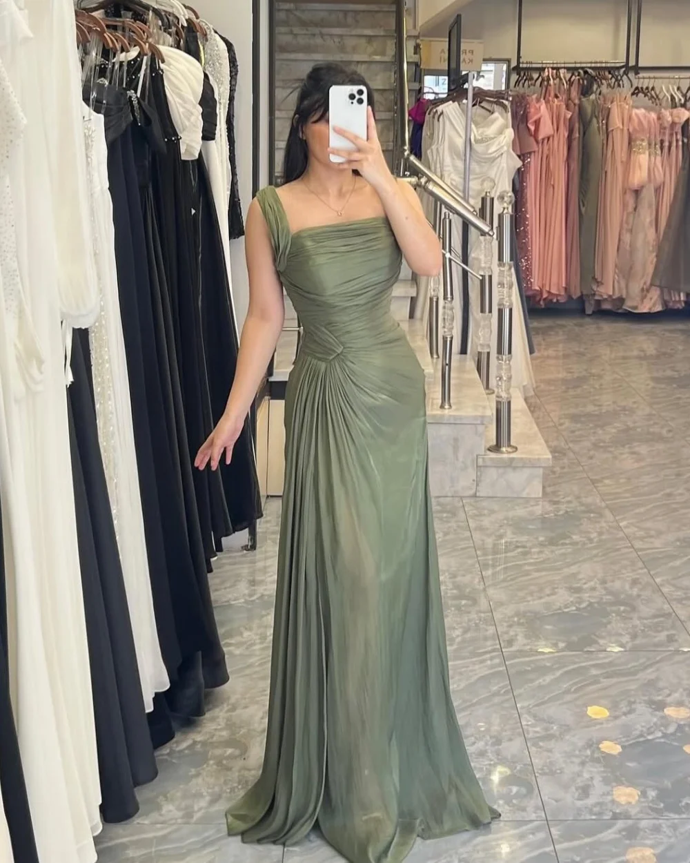 

Customized Modern Style Women Ruched Pleat A-line Evening Dress High Quality Off-the-shoulder Sleeveless Floor Lenght Party Gown