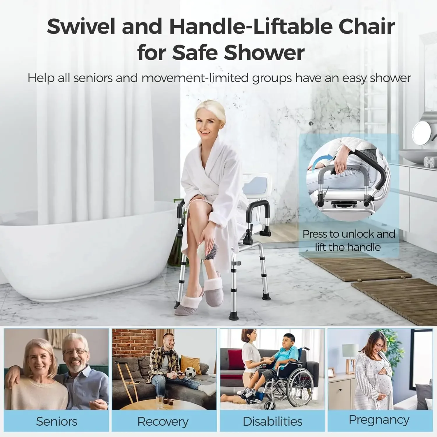 Liftable Arms, Hybodies Rotatable Bathroom Chair with Adjustable Height, Anti-Slip Bath Tub Transfer Stool, Safe Adjustable Hand