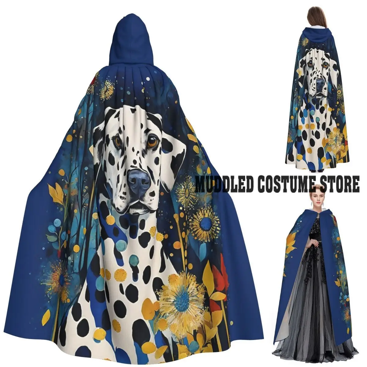 

Далматинская собака среди цветов, длинный плащ с капюшоном, средневековый костюм ведьмы, накидка для косплея, накидка на Хэллоуин, вампир, для взрослых, унисекс