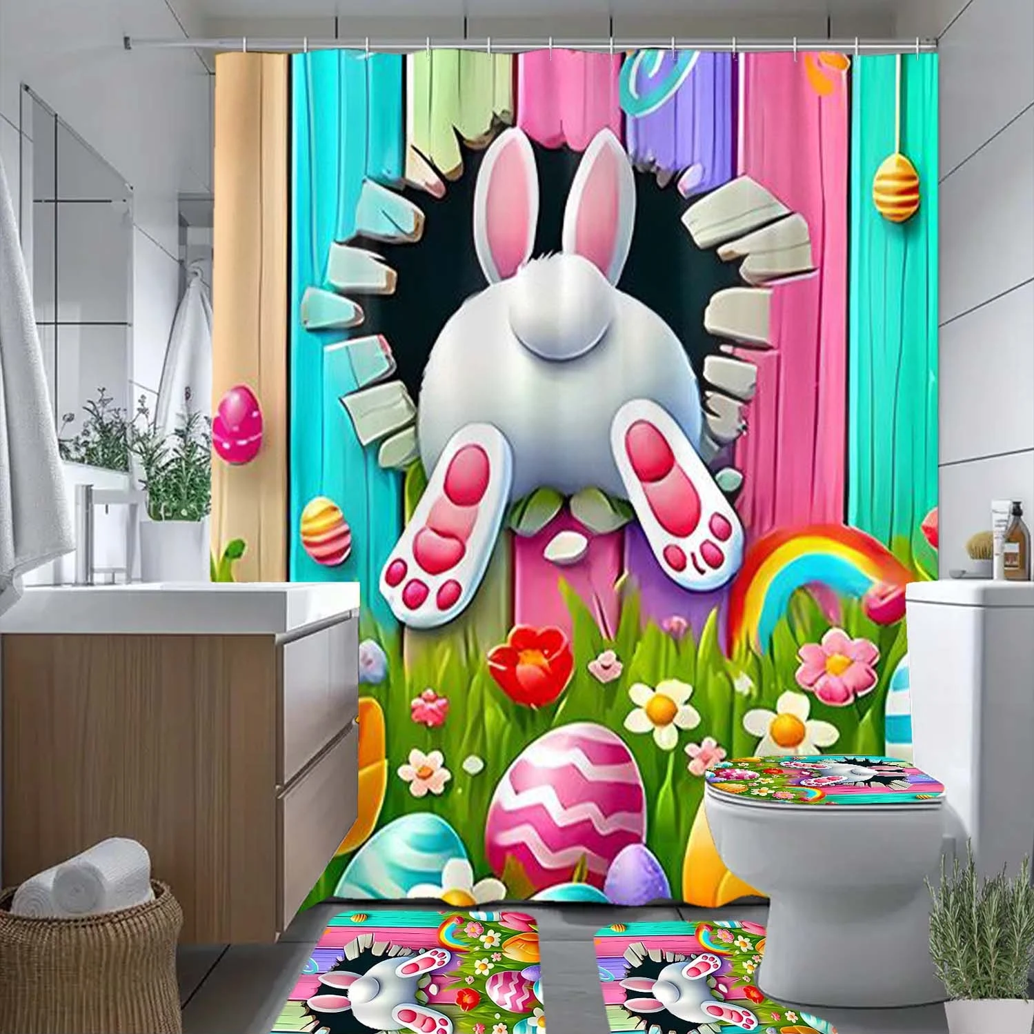 

4pcs Bunny, Rainbow, Easter Egg Pattern Shower Curtain with Hooks, Bathroom Partition Curtain, Bathroom Accessories, Home