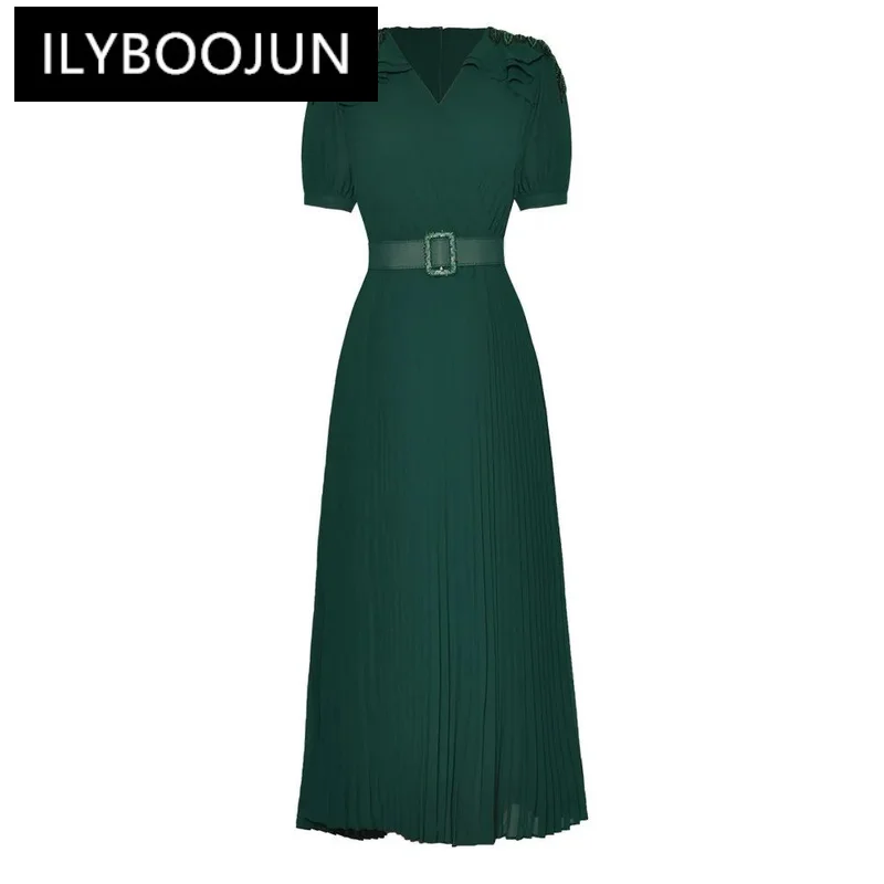 

ILYBOOJUN Summer Designer High Quality Women Dress Vintage Solid Color Beading Sashes Ruffles Pleated Temperament Dresses