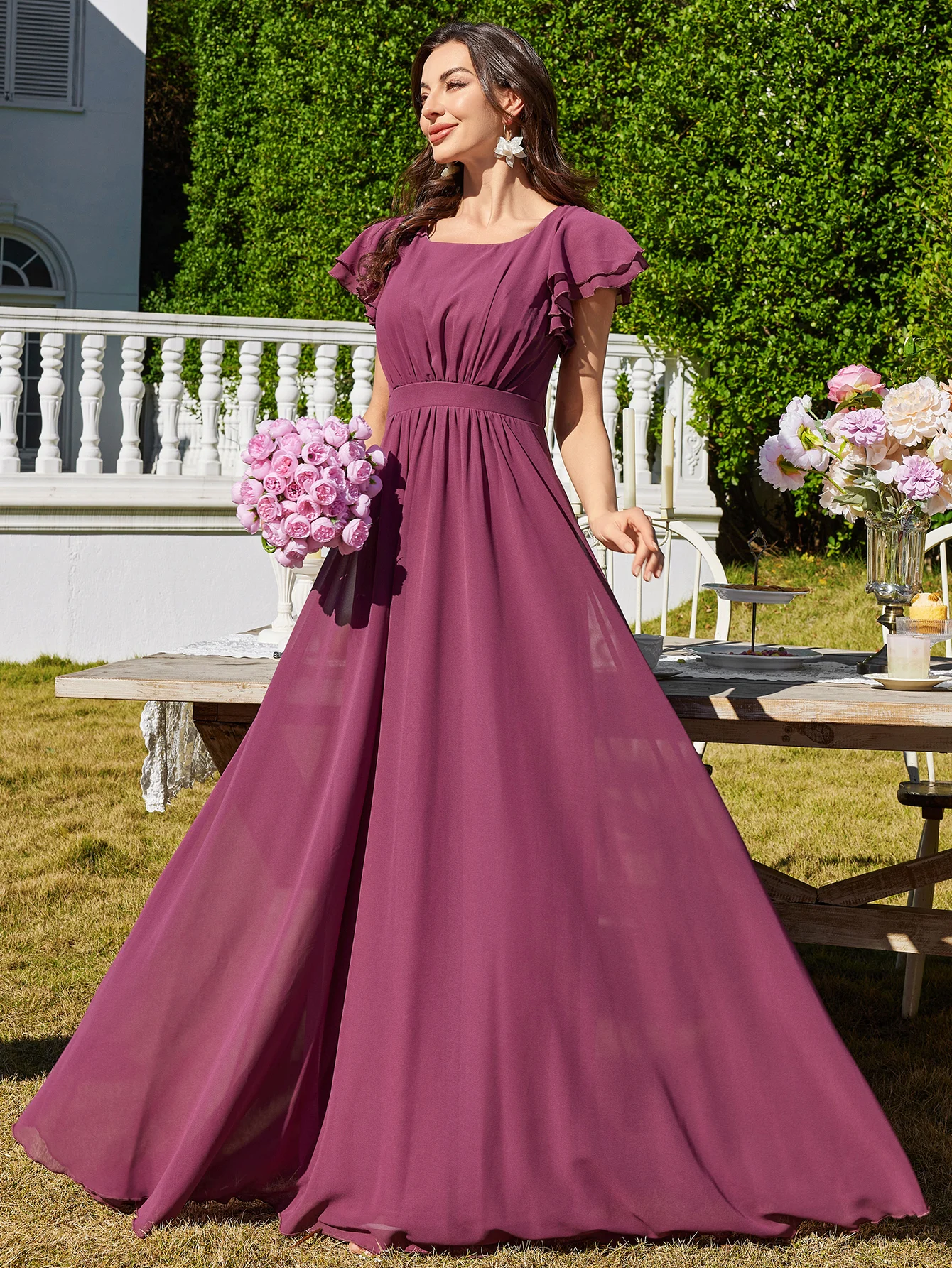 

UNITHORSE Recycled Material Round Neck Ruffle Sleeve Cinched Waist Pleated Flared Hem Elegant Dress