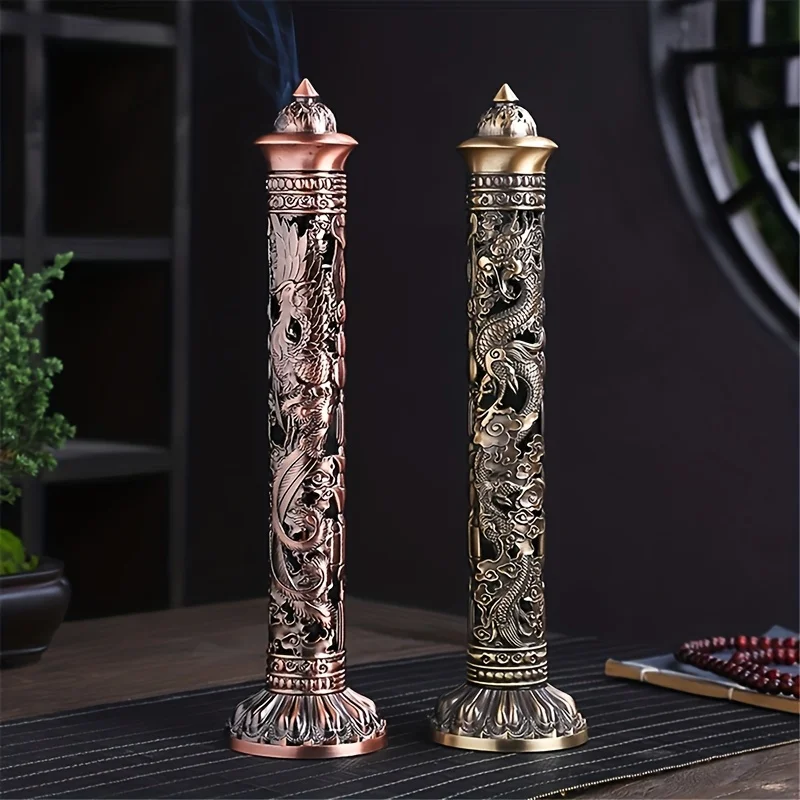 Retro Metal Dragon Phoenix Vertical Incense Burner Hollow Carved Stick Incense Holder Tea Room Desktop Home Decor Craft Ornament