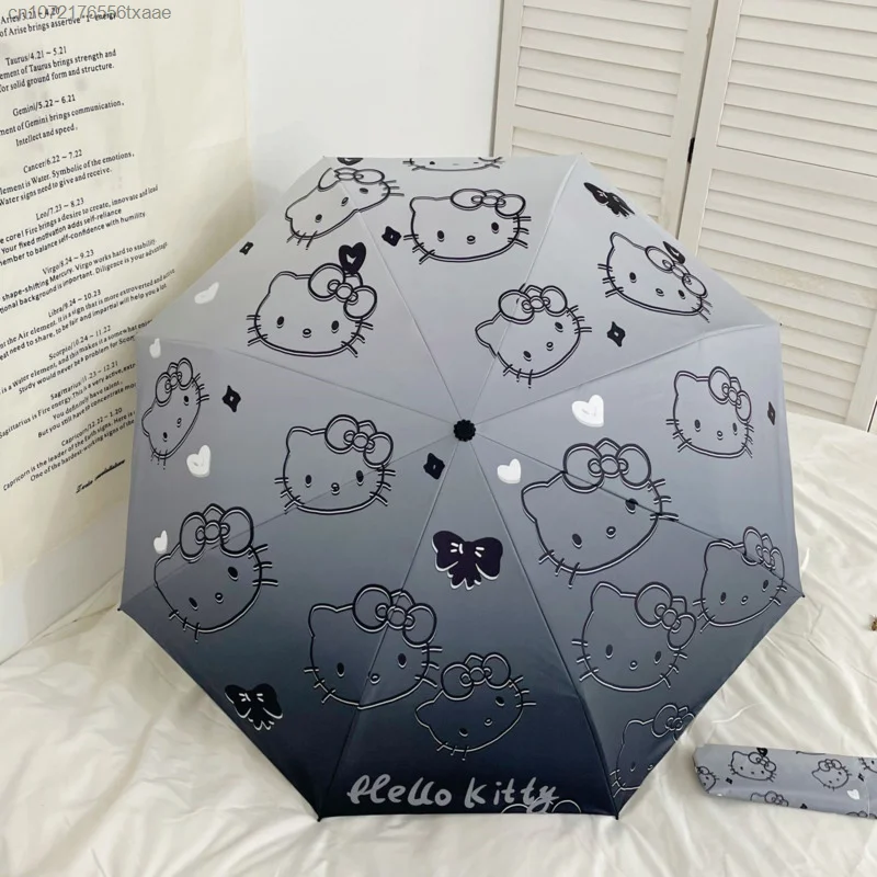 Sanrio Hello Kitty Umbrella Girl All Weather Gradient Color Folding Umbrellas Women Outdoor Accessories Black Coating Umbrella