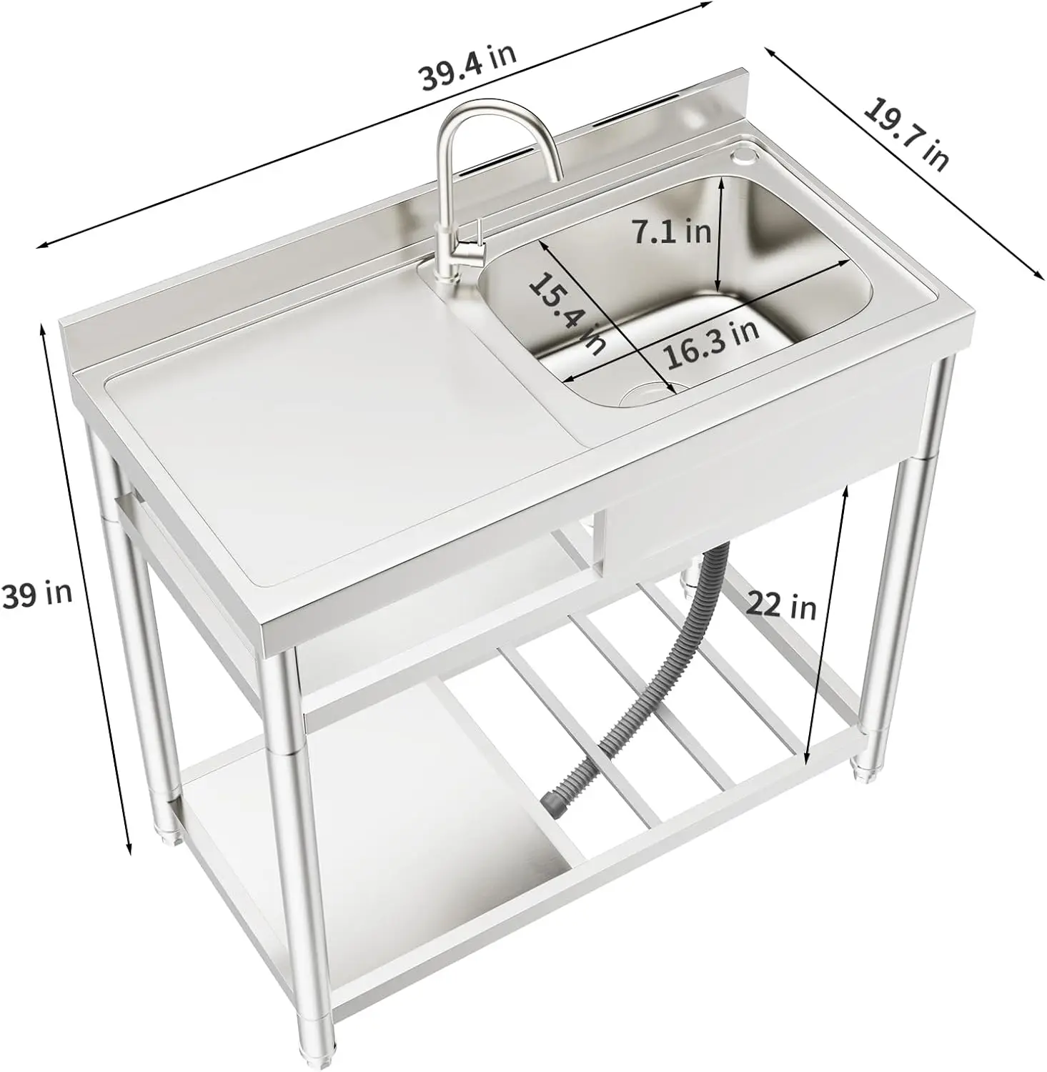 304 Stainless Steel Single Bowl Utility Sink Set, Commercial Restaurant Kitchen Sink