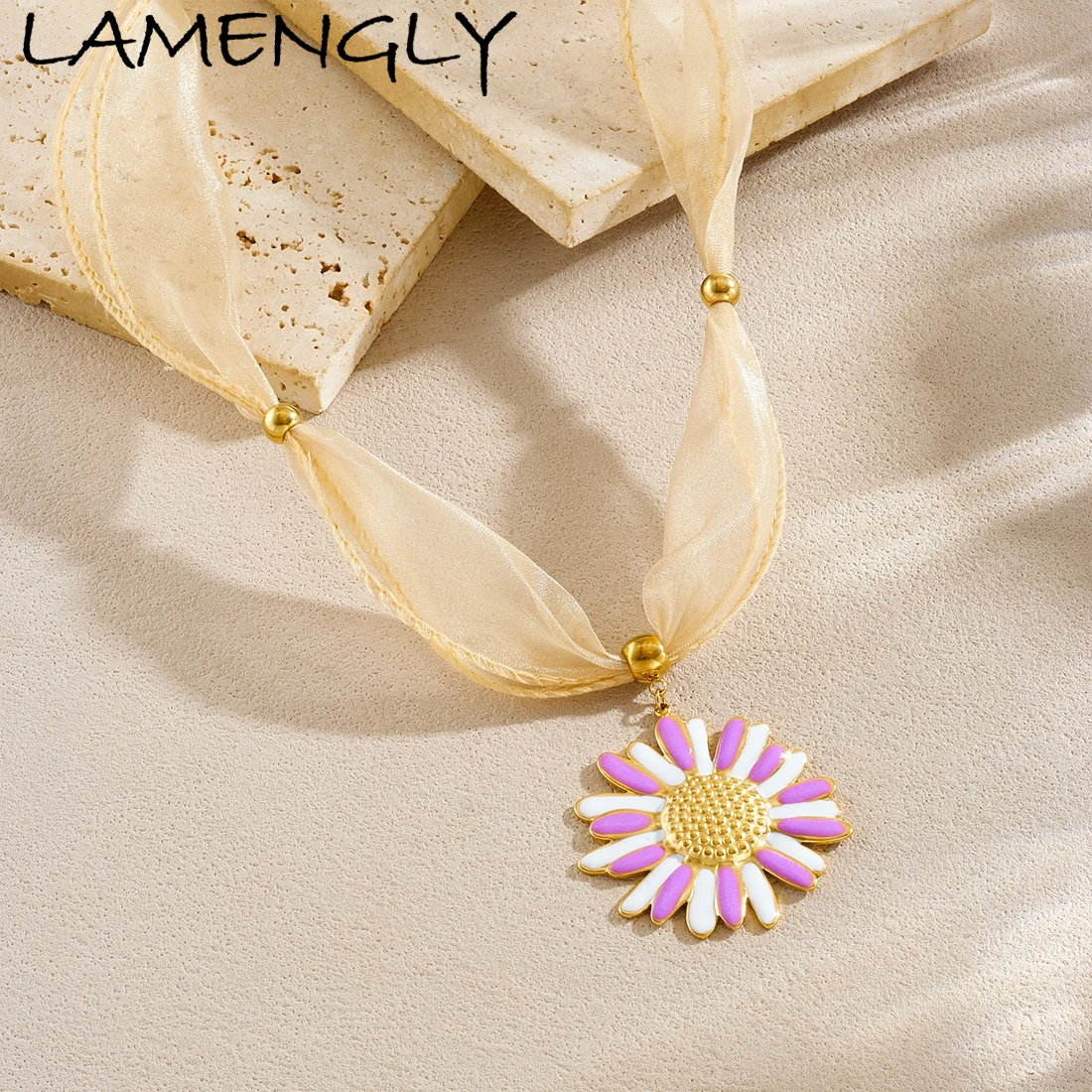 

LAMENGLY 316L Stainless Steel Yellow Sparkling Ribbon White Purple Enamel Sunflower Pendant Necklace Women Charming Neck Chain