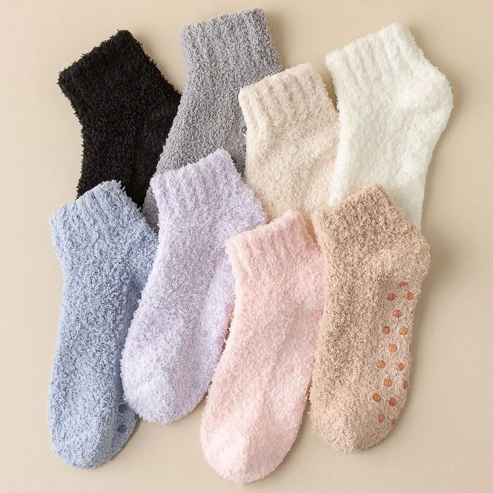 Sleep Socks Winter Coral Velvet Socks Solid Color Warm Cotton Socks Silicone Non-slip Fluffy Floor Socks Women