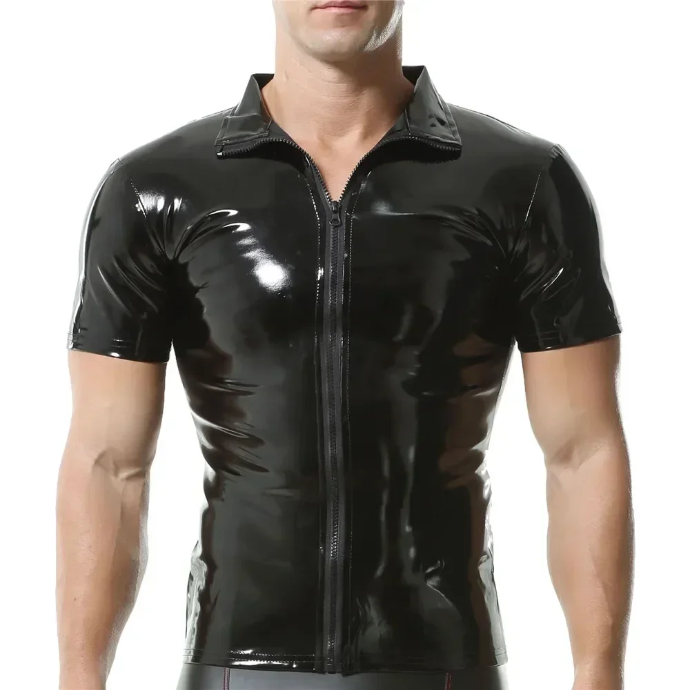 Men's Shirts PVC Leather Nightclub Stage T Shirts Short Sleeve Turn-down Collar Zipper Shirts Tops Latex Wetlook Dance Clubwear