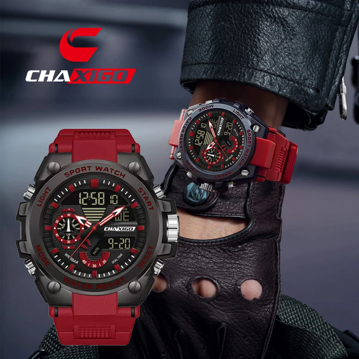 

CHAXIGO Men's Analog Digital Sports Silicone Strap Watch 46mm Dual Display Luminous 30m Waterproof Multi-Function Digital Watch