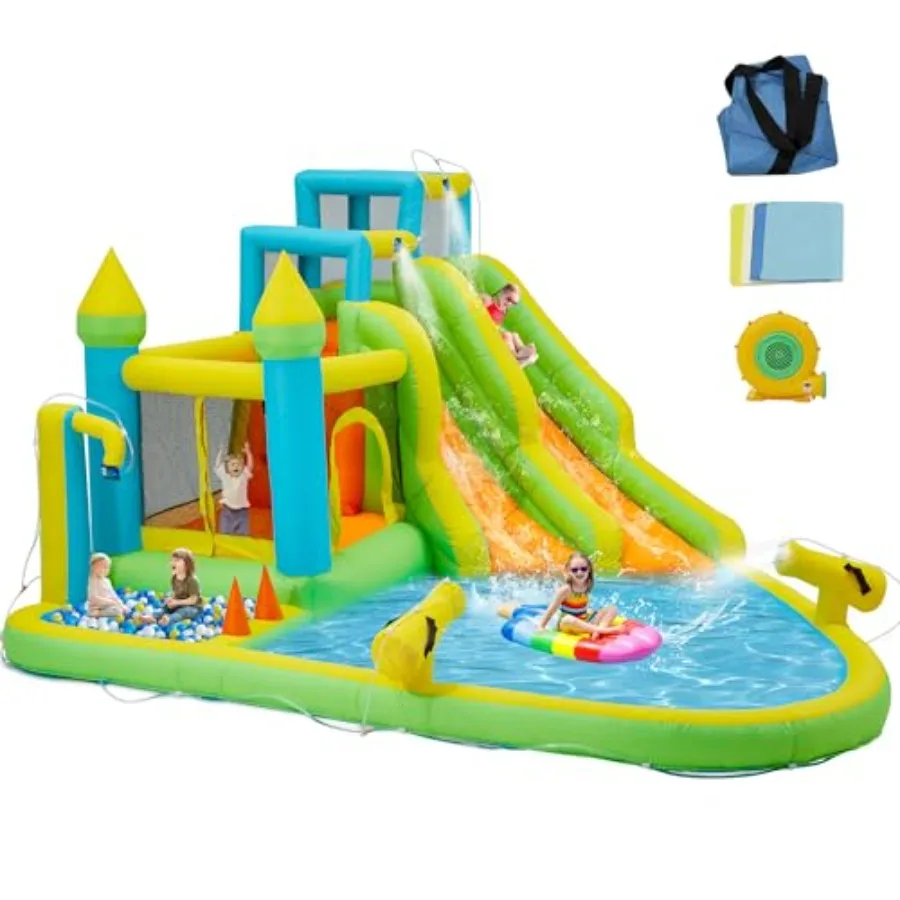 Tobogán Acuático Inflable 10 en 1, Parque Acuático Inflable para Niños de 3 a 12 Años con Soplador, Piscina, 2 Toboganes, Cañón de Agua, Pared de Escalada