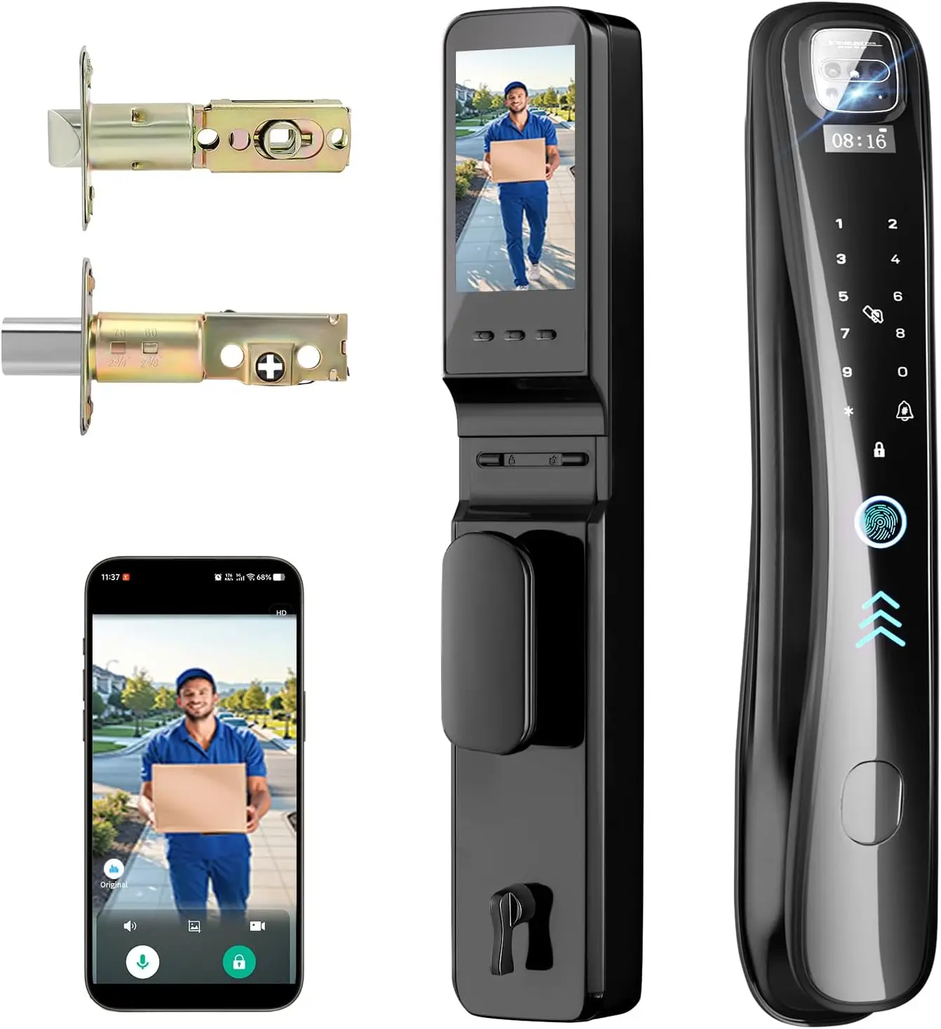 

Умный дверной замок-защелка с бесключевым доступом, отпечатком пальца, кодовой панелью, камерой, видеодомофоном Wi-Fi, голосовым управлением, двусторонней связью и дистанционным управлением