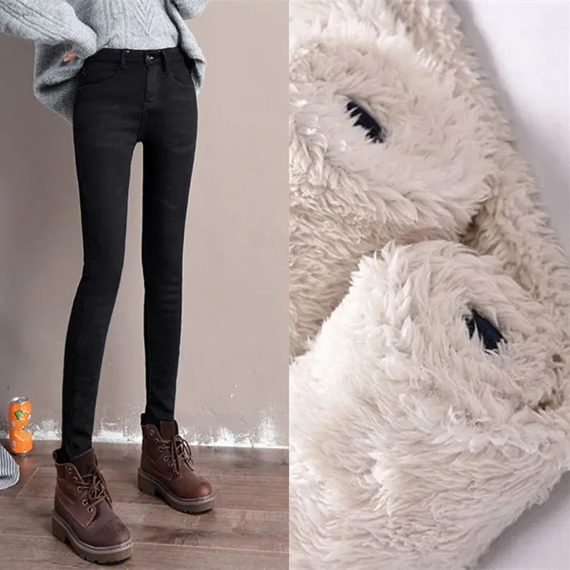 Thicken Winter Lambwool Slim Jeans Women's Warm Oversized 34 Fleece Lined Skinny Pencil Denim Pants High Waist Stretch Trousers