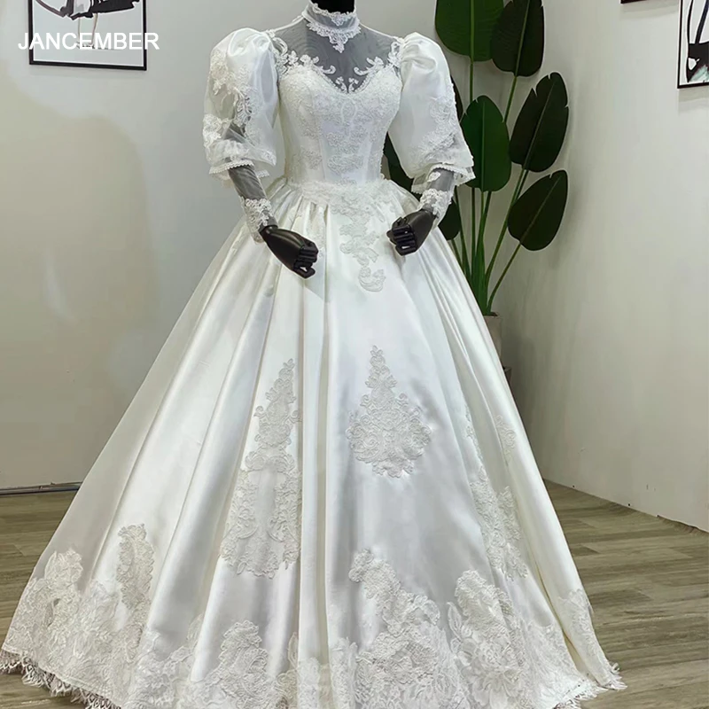 WM005 Appliques Dress Wedding Guest High-Neck Wedding Ceremony Girl Dress Button Wedding Dress Hall IllusiParty Dress חתונה שמלה