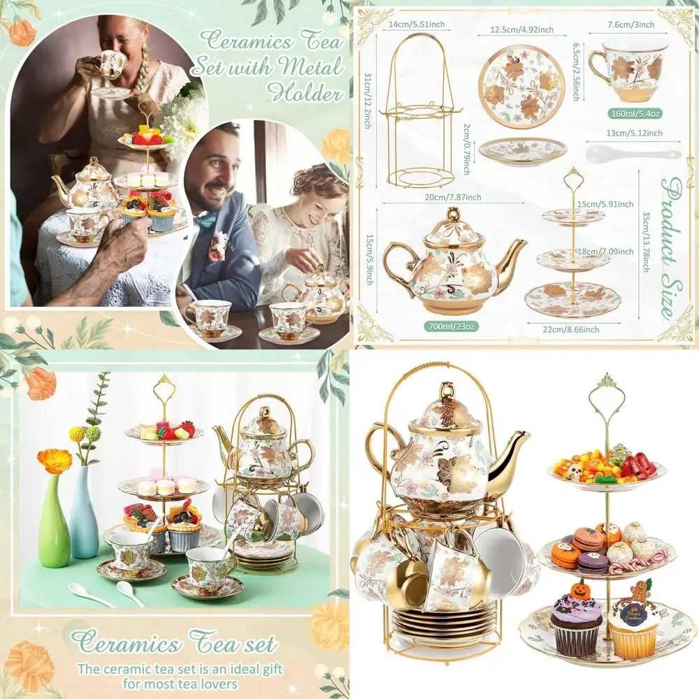 

Adult European Floral Tea Party Set with 3-Tier Ceramic Cake Stand, Porcelain Tea Set for Christmas Gifts
