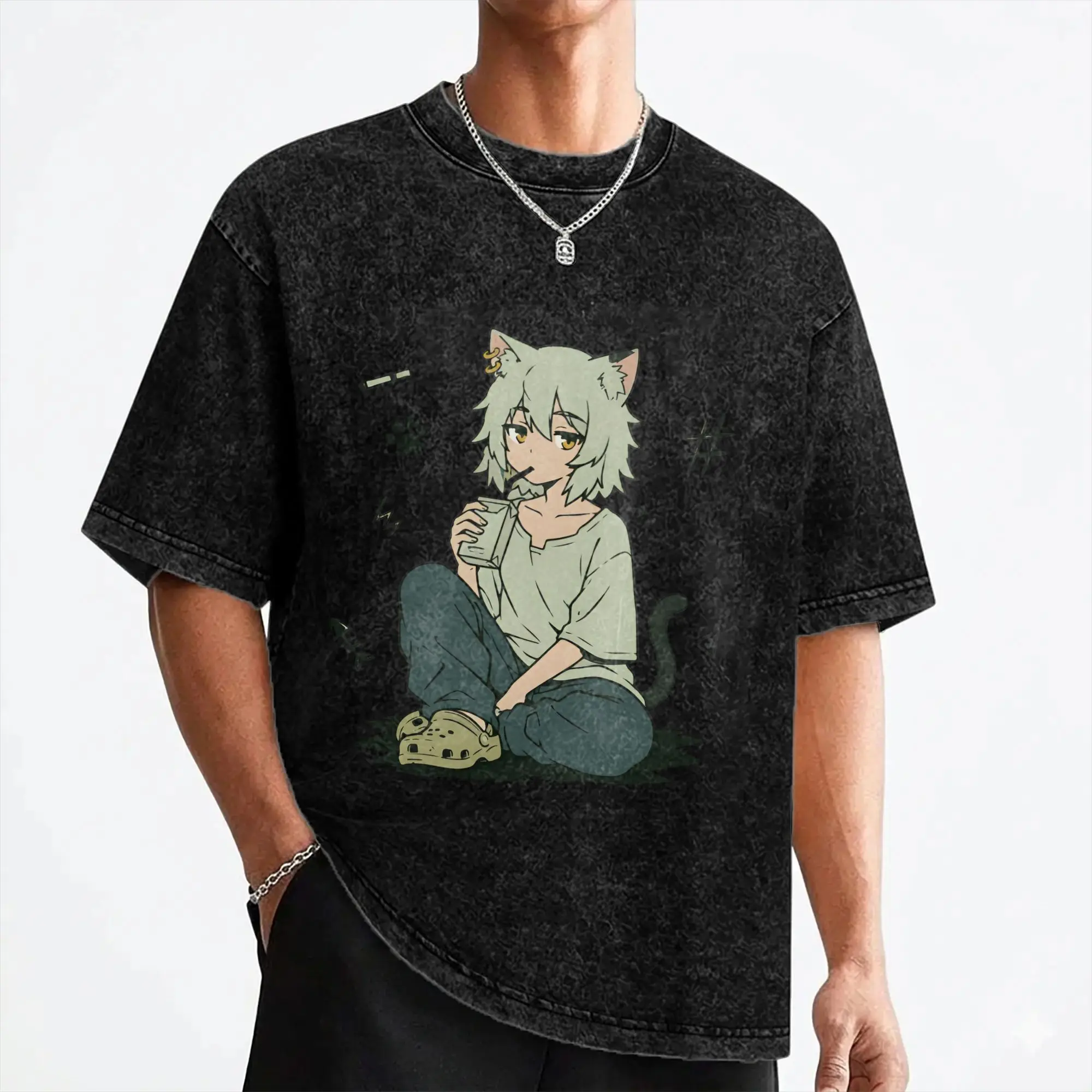 Chainsmoker Cat Yani Neko Anime T Shirt Washed 100% Cotton Harajuku T-Shirts  Vintage for Men Women Streetwear Summer Tops Tees