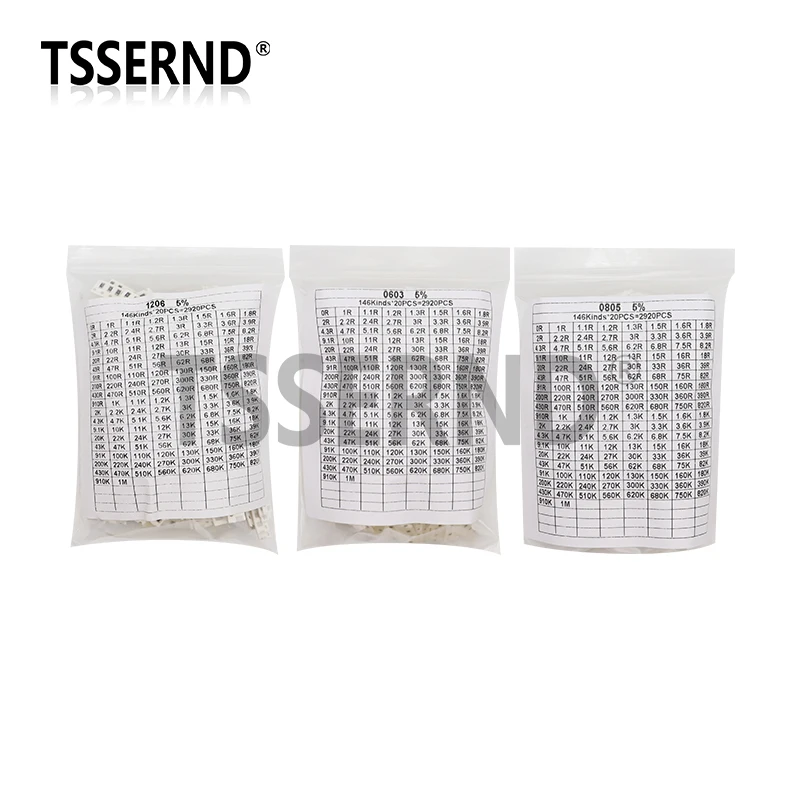 

2920pcs 146ValuesX20pcs 0603 0805 1206 5% SMD Chip Resistor KIT 0R - 1M ohm Resistance Samples Set