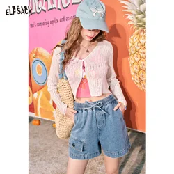 ELFSACK 2024 summer new arrival Contrast color hollow knit dopamine style wear air conditioning shirt short cardigan for women