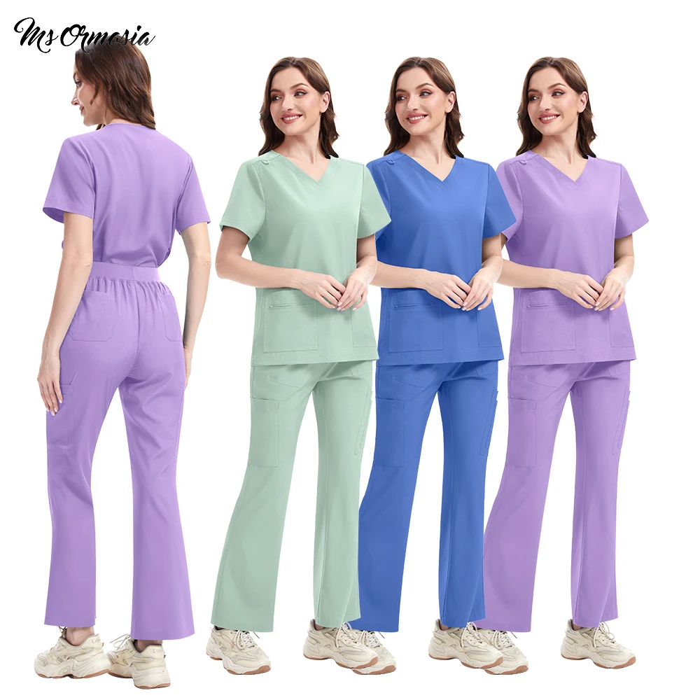 

Разноцветная униформа медсестры, женские скрабы для врачей, хирургическая спецодежда, медицинские топы с короткими рукавами + брюки с карманами, больничная одежда для кормления