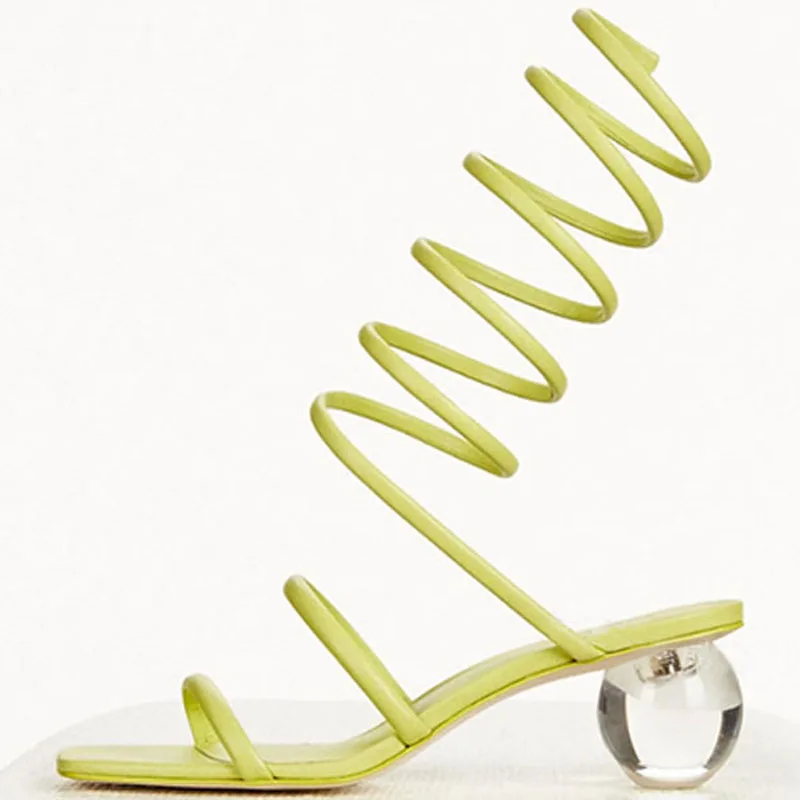 

Summer Snake Shape Strappy Crystal Ball Heel Sandals Woman Green Leg Twined Snake Sandalias Cutout Banquet Dress Shoes