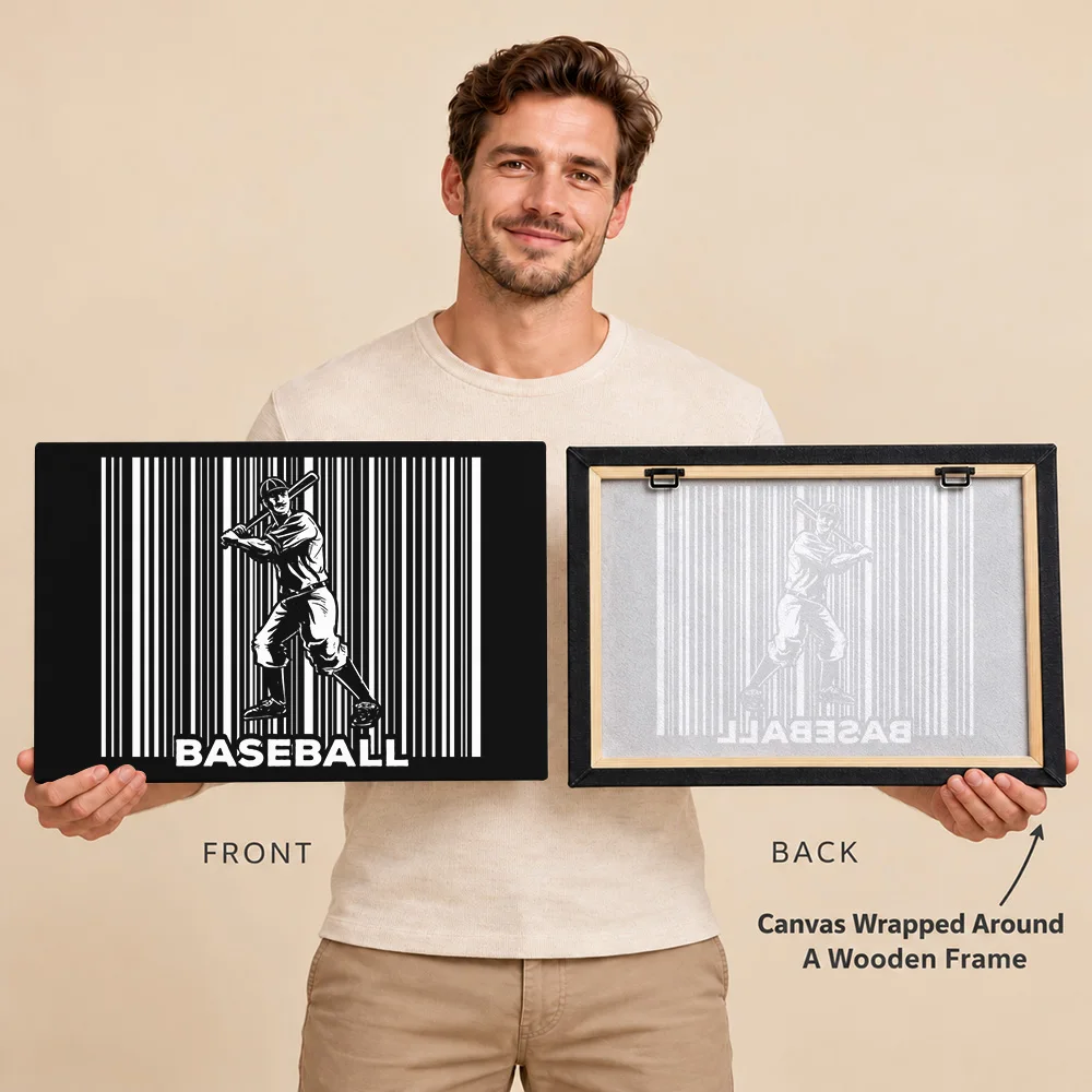Baseball Barcode Batter Gallery Wrapped Canvas Print Customized Photo High Contrast Monochrome Illustration Wall Art For Bedroom