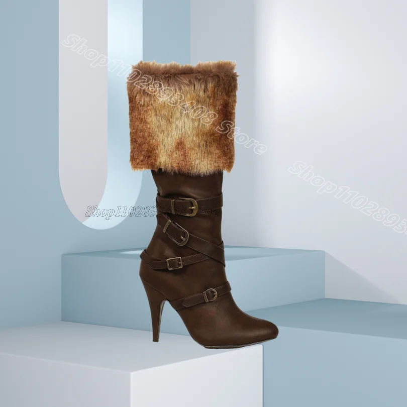 

Buckle Fur Decor Short Boots Side Zipper High Heels British Style Women New Stylish Winter Dress Party Boots Zapatos Para Mujere