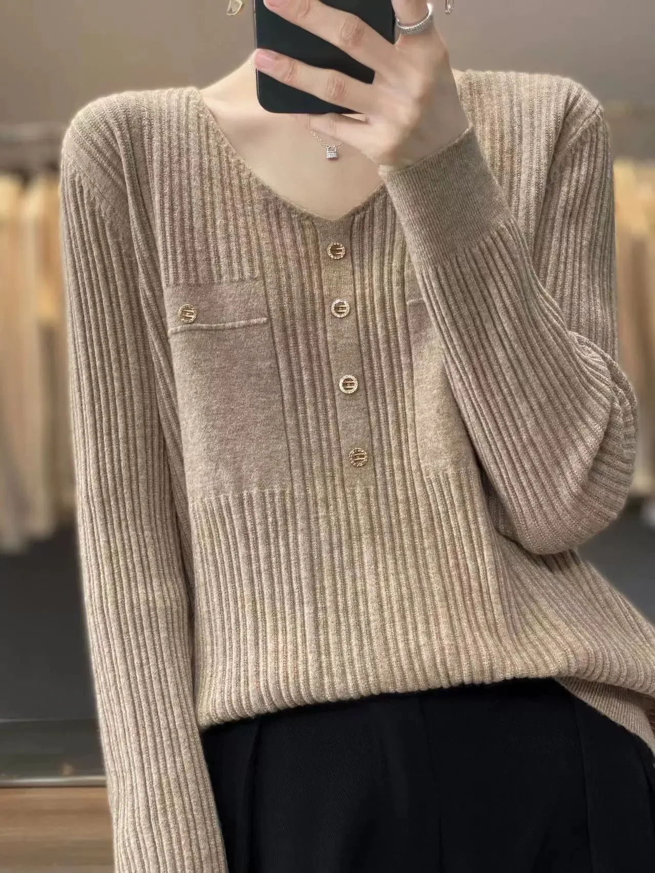 Faionable V-Ne-suéter de lana tejido para mujer, informal, holgado, largo, Color Sve, decorado con diamantes, ropa de abrigo Camere