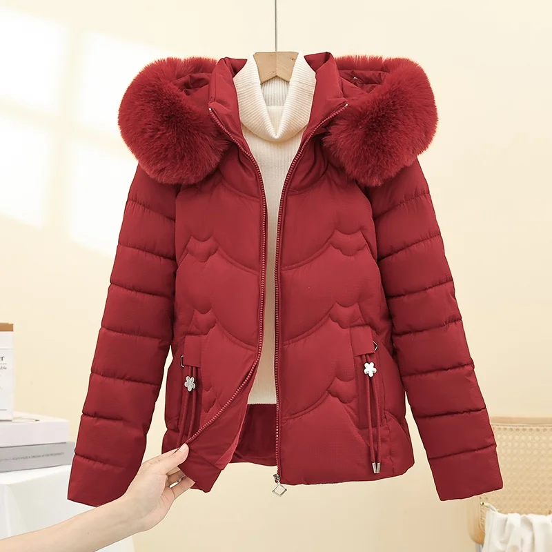 

Autumn Winter Thiened Removable Hat down Cotton Jaet Women's Small Size Loose Cotton Coat Cotton Outerwear with Fur Collar