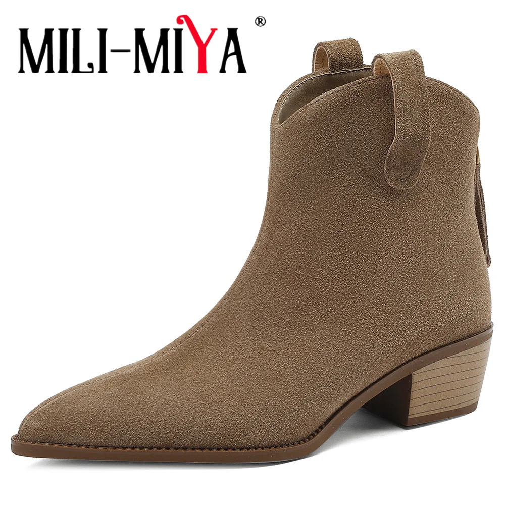 MILI-MILY ﻿New Trend Designer Cozy Ankle Boots Women Thick Heels Cow Suede Pointed Toe Fashion Dress Autumn Winter Casual Shoes